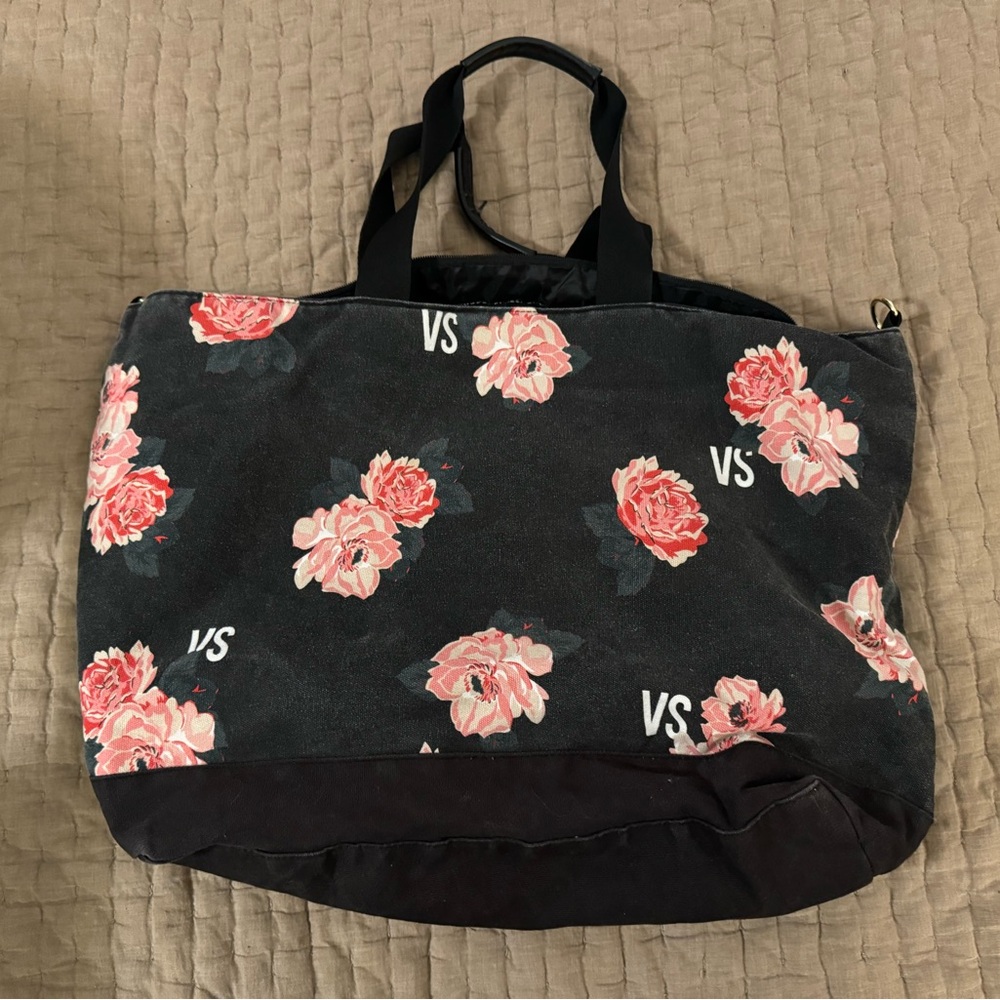 Black and Pink Victoria's Secret Floral Bag